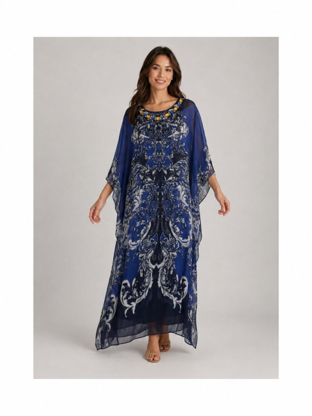 NWT ANTTHONY Original XS Blue Baroque Jeweled Chiffon Kaftan Maxi Dress